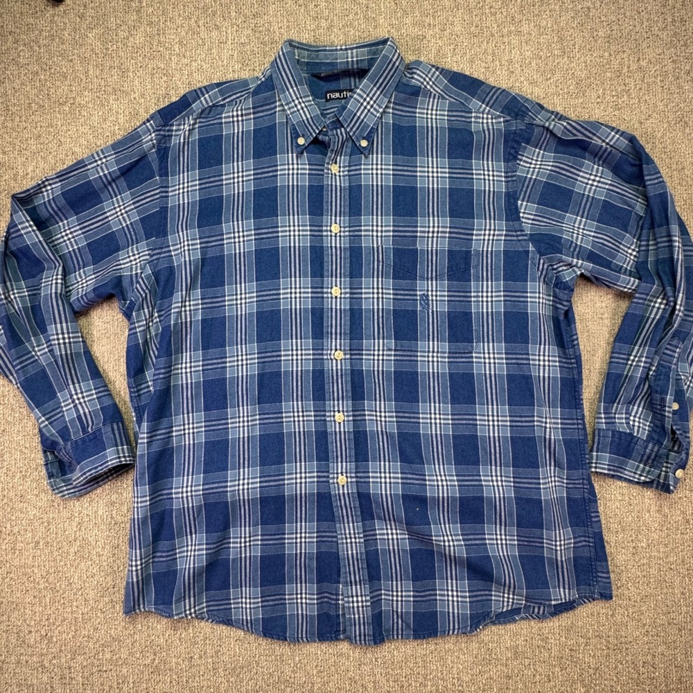 Vtg 90s Nautica Heavyweight Flannel‎ Shirt Men XL Blue Plaid Made in Taiwan